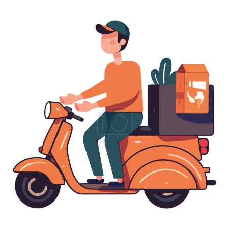 Téléchargez les illustrations : Messager de moto livrant le paquet sur blanc - en licence libre de droit