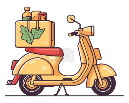 Téléchargez les illustrations : Scooter moteur jaune avec sac de nourriture sur blanc - en licence libre de droit