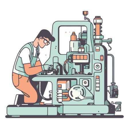 Téléchargez les illustrations : Machines de réparation des travailleurs sur blanc - en licence libre de droit