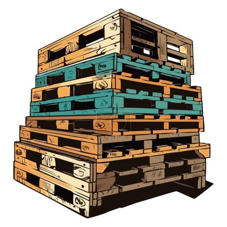 Téléchargez les illustrations : Vieilles caisses en bois empilées dans un tas d'entrepôt sur blanc - en licence libre de droit