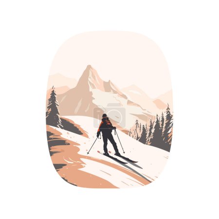 Ilustración de Caminata del hombre a pico de montaña sobre blanco - Imagen libre de derechos