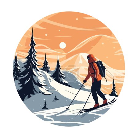 Ilustración de Hombre esquiando en invierno sobre blanco - Imagen libre de derechos