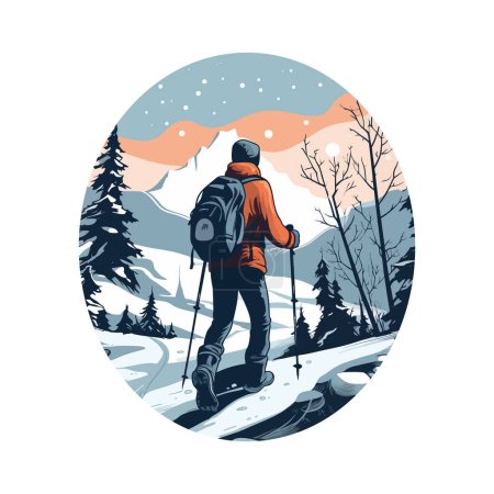 Ilustración de Montañista caminatas pico nevado con mochila sobre blanco - Imagen libre de derechos