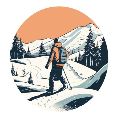 Ilustración de Una persona esquiando por la ladera de la montaña sobre blanco - Imagen libre de derechos