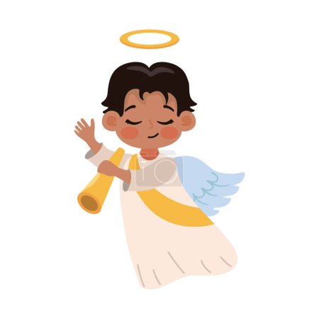 Téléchargez les illustrations : Petit ange avec icône trompette isolé - en licence libre de droit