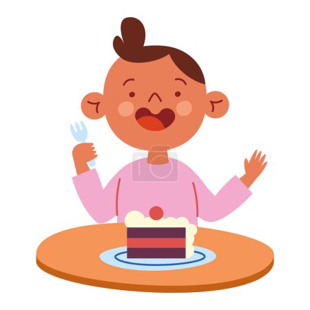 Téléchargez les illustrations : Enfant manger gâteau vecteur isolé - en licence libre de droit