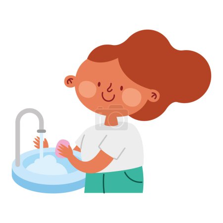 Téléchargez les illustrations : Enfant lavage mains sourire vecteur isolé - en licence libre de droit