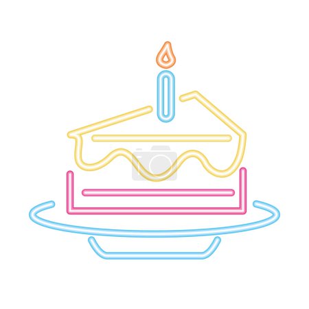 Téléchargez les illustrations : Néon fête gâteau d'anniversaire tranche vecteur isolé - en licence libre de droit