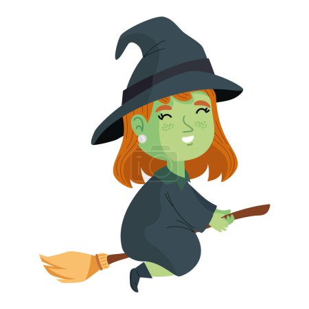 Ilustración de Bruja de Halloween en una ilustración escoba aislado - Imagen libre de derechos