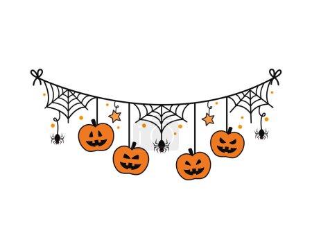 Illustration for Halloween garland pumpkin and spiderweb illustration isolated - Royalty Free Image