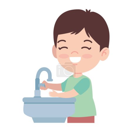 Téléchargez les illustrations : Garçon lavage mains dessin animé illustration isolé - en licence libre de droit