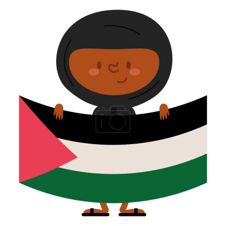 Illustration for Palestine woman lifting flag character - Royalty Free Image