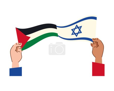 Téléchargez les illustrations : Drapeaux israéliens et palestins avec des amis conception des mains - en licence libre de droit