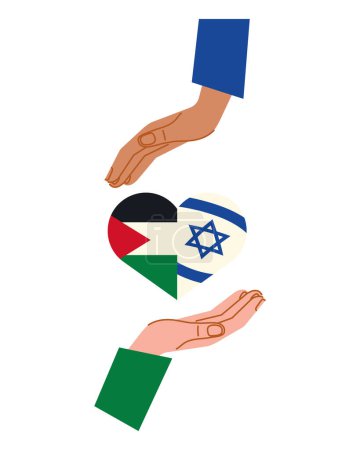 Ilustración de Banderas palestinas e israelíes en el corazón con las manos protegiendo el diseño - Imagen libre de derechos