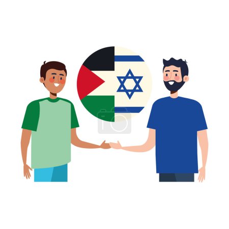 Téléchargez les illustrations : Drapeaux israéliens et palestins avec un design amical des hommes - en licence libre de droit