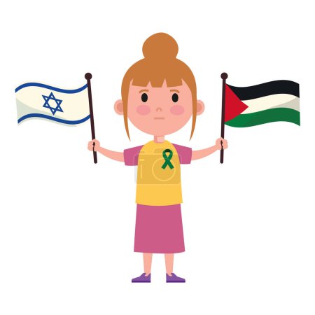 Téléchargez les illustrations : Drapeaux palestine et israélienne avec fille agitant la conception - en licence libre de droit