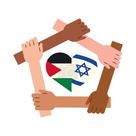 Téléchargez les illustrations : Drapeaux palestine et israélienne dans le cœur avec les mains autour du design - en licence libre de droit