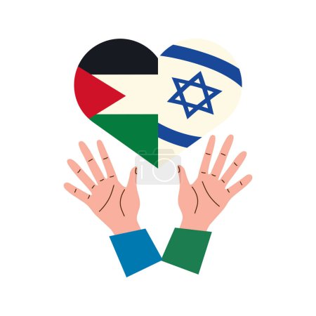 Ilustración de Banderas palestinas e israelíes en el corazón con diseño de manos - Imagen libre de derechos