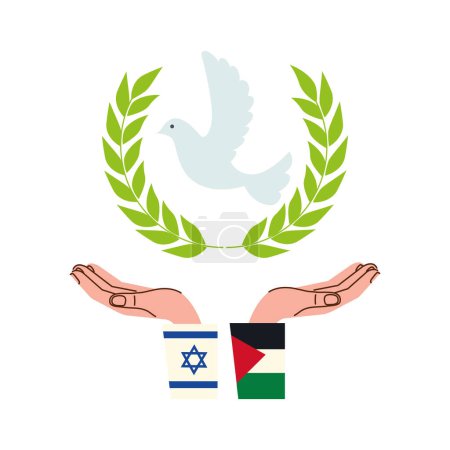 Téléchargez les illustrations : Drapeaux israéliens et palestins avec des mains protégeant le dessein de paix - en licence libre de droit