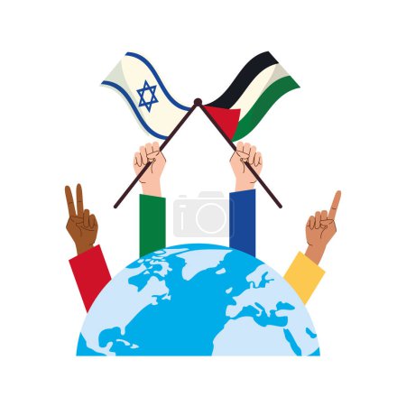 Illustration for Israel and palestine flags with hands in world planet design - Royalty Free Image