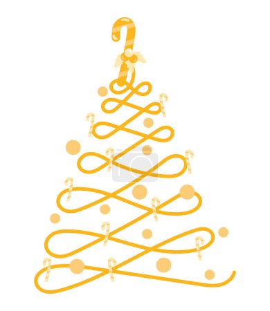 Téléchargez les illustrations : Arbre d'or de Noël avec canne à bonbons vecteur isolé - en licence libre de droit