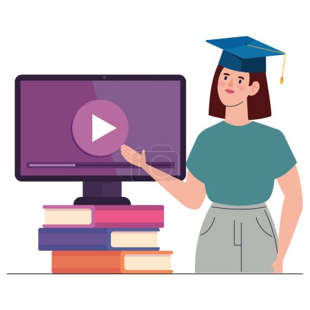 Téléchargez les illustrations : Vidéo numérique éducation en ligne illustration femme - en licence libre de droit