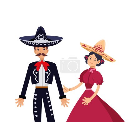 Téléchargez les illustrations : Couple mexicain en charro sombrero illustration - en licence libre de droit