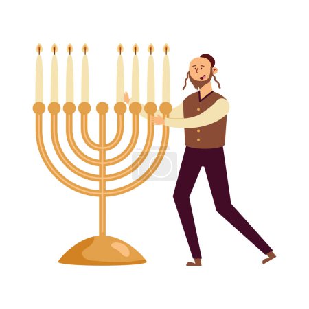 Téléchargez les illustrations : Hanukkah homme avec grand vecteur menorah isolé - en licence libre de droit
