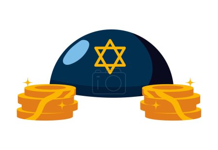 Téléchargez les illustrations : Hanukkah kippa et illustration de pièces - en licence libre de droit