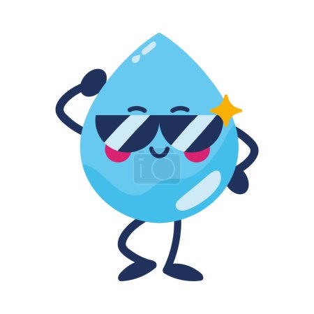 Téléchargez les illustrations : Jour de l'eau goutte dessin animé avec des lunettes de soleil illustration - en licence libre de droit