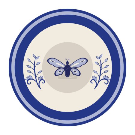 Illustration for Chinese porcelain blue and white plate with butterfly vector isolated - Royalty Free Image