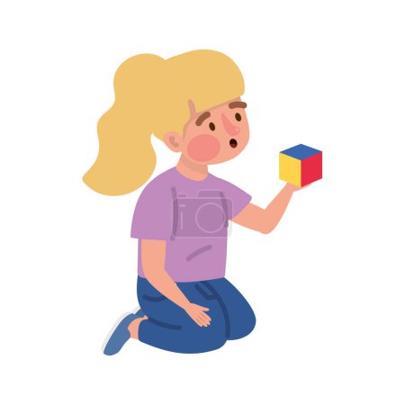 Illustration for Autism girl with cube illustration isolated - Royalty Free Image