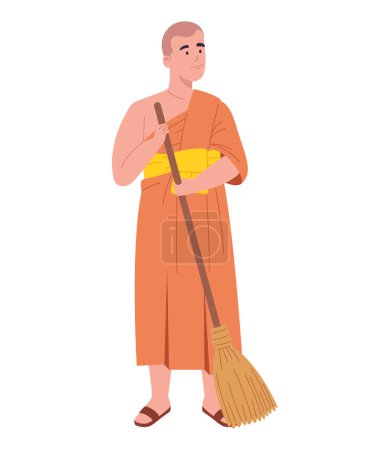 Illustration for Buddhist monk with broom illustration - Royalty Free Image