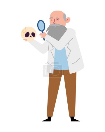 Téléchargez les illustrations : Charles darwin avec une loupe et un vecteur de crâne isolés - en licence libre de droit