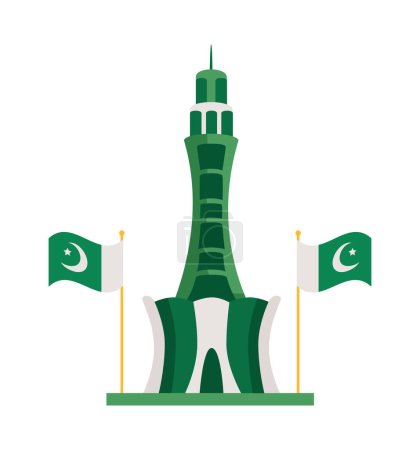 Ilustración de Torre minar e pakistan con banderas aisladas - Imagen libre de derechos