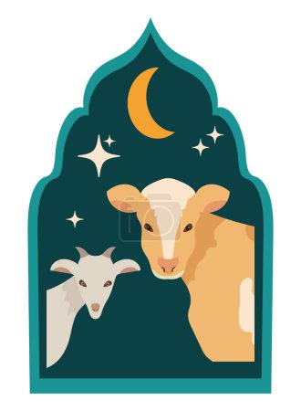 Ilustración de Idul adha cabra y vaca con ventana musulmana vector aislado - Imagen libre de derechos