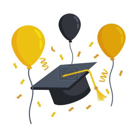 Illustration for Graduation event cap and balloons illustration isolated - Royalty Free Image