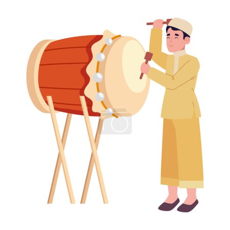 Téléchargez les illustrations : Idul fitri homme avec tambour illustration isolée - en licence libre de droit