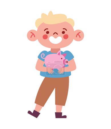 Ilustración de Feliz chico llevar cerdo banco de dibujos animados - Imagen libre de derechos