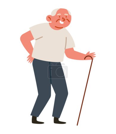 homme âgé chauve avec bâton de marche dessin animé