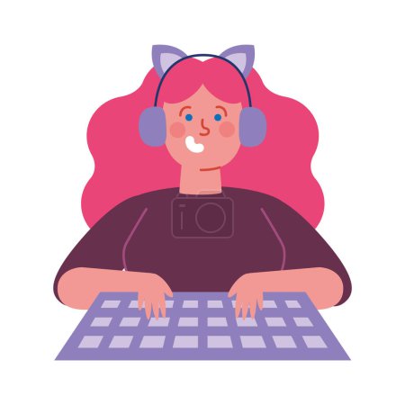 girl gamer with cat ears headset sits with keyboard isoalted