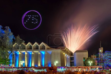 Photo for BEER-SHEVA, ISRAEL- APRIL 25, 2023: Seventy-five years of Israeli independence. Fireworks and laser show. - Royalty Free Image