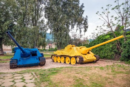 Photo for Two tanks painted in the colors of the Ukrainian flag. - Royalty Free Image