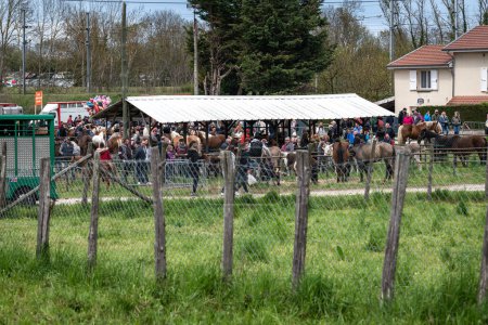 Photo for Beaucroissant, Isere, Rhone Alpes Auvergne, France April 22 2023 : Famous fair of Beaucroissant, he oldest fair of France since year 1219 - Royalty Free Image