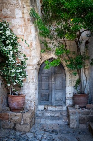 Téléchargez les photos : Charmante vieille ville de Lindos dans les îles du Dodécanèse. Vieilles portes et fleurs charmantes. Grèce - en image libre de droit