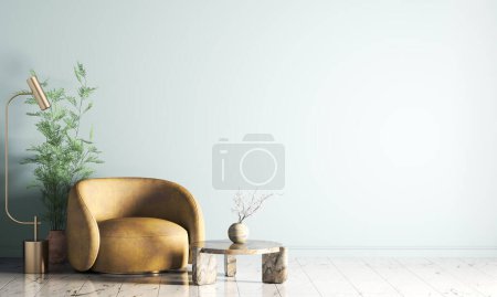Téléchargez les photos : Intérieur du salon avec lampadaire et fauteuil orange sur le mur bleu clair avec espace de copie. Rendu 3d - en image libre de droit
