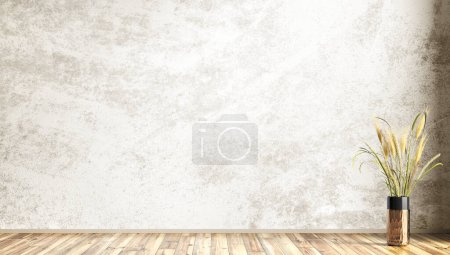 Empty room interior background, white gray stucco or concrete mock up wall. Wooden flooring. Decorative copper vase with grass. Home mock up design. 3d rendering Poster 620654290