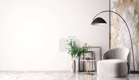 Photo for Interior of living room with floor lamp, coffee table, gray armchair over empty beige mock up wall. Home design. Interior background with copy space. 3d rendering - Royalty Free Image