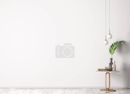 Interior background of room with white wall. Vase with palm leaf on decorative accent table. Empty mock up wall and marble flooring, pendant lights. Modern home decor. 3d rendering
