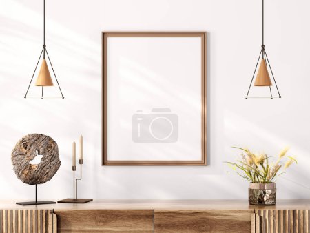 Living room decoration. Brown mock up poster frame on white wall above the shelf or dresser. Home decor with interior accessories. Interior background with pendant lights. 3d rendering